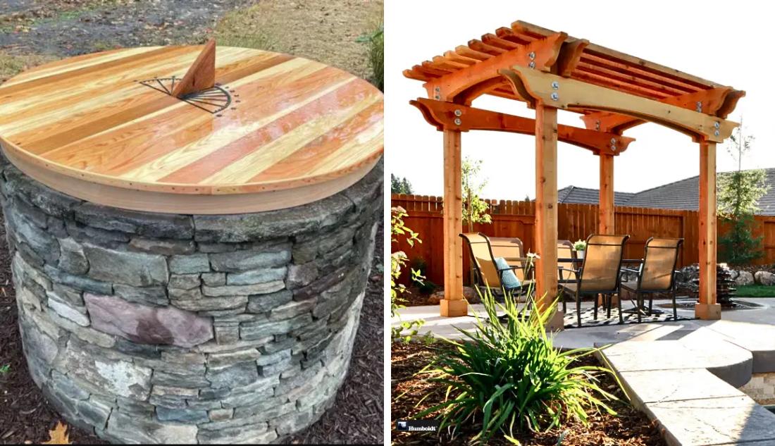 Cedar Topped Sun Dial with Cedar Band and Redwood Pergolas